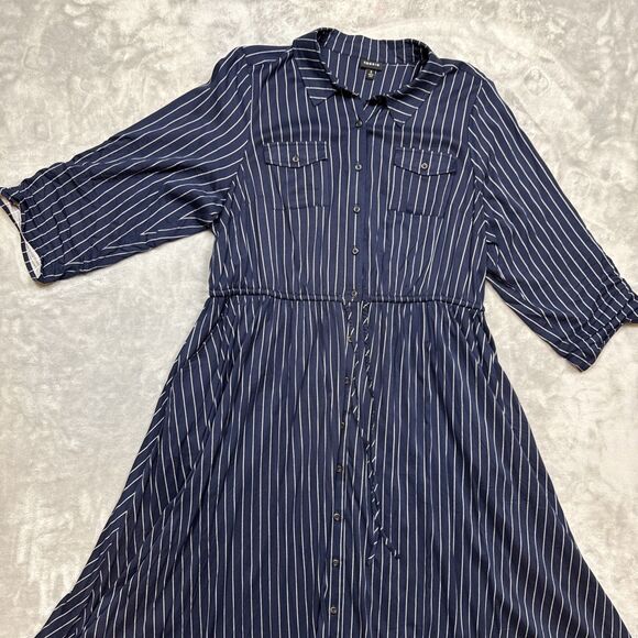 Torrid Women’s 2X Navy White Striped Button-Up Shirt Dress Tie Waist Roll Tab - Picture 1 of 11